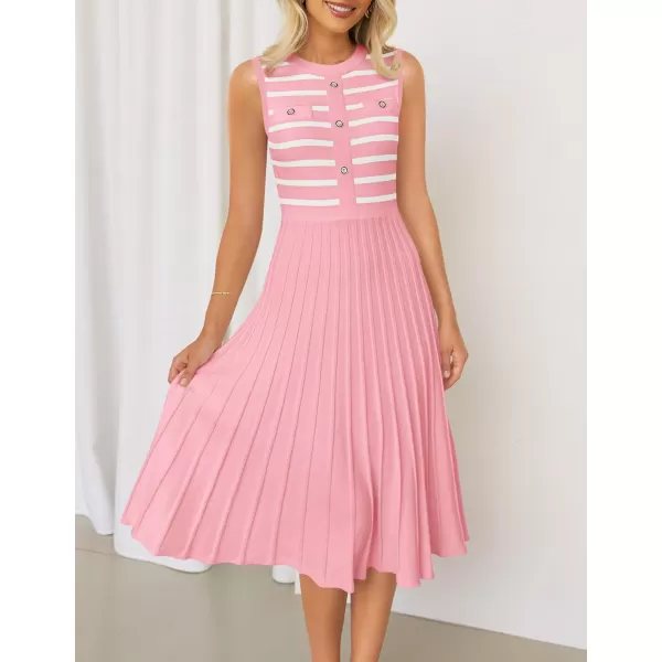 imageZESICA Womens Sleeveless Striped Midi Dress Summer Crewneck Button Knit Swing Pleated A Line Casual DressesPink