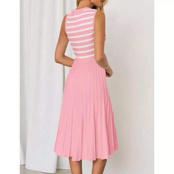 imageZESICA Womens Sleeveless Striped Midi Dress Summer Crewneck Button Knit Swing Pleated A Line Casual DressesPink