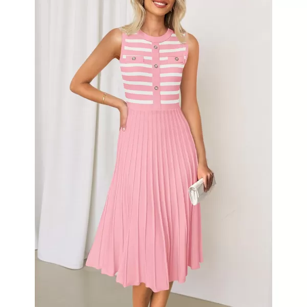 imageZESICA Womens Sleeveless Striped Midi Dress Summer Crewneck Button Knit Swing Pleated A Line Casual DressesPink