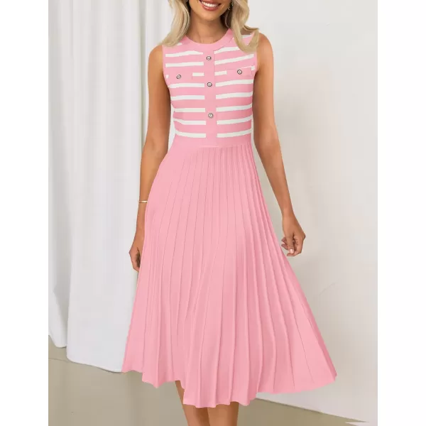imageZESICA Womens Sleeveless Striped Midi Dress Summer Crewneck Button Knit Swing Pleated A Line Casual DressesPink