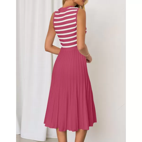 imageZESICA Womens Sleeveless Striped Midi Dress Summer Crewneck Button Knit Swing Pleated A Line Casual DressesRed
