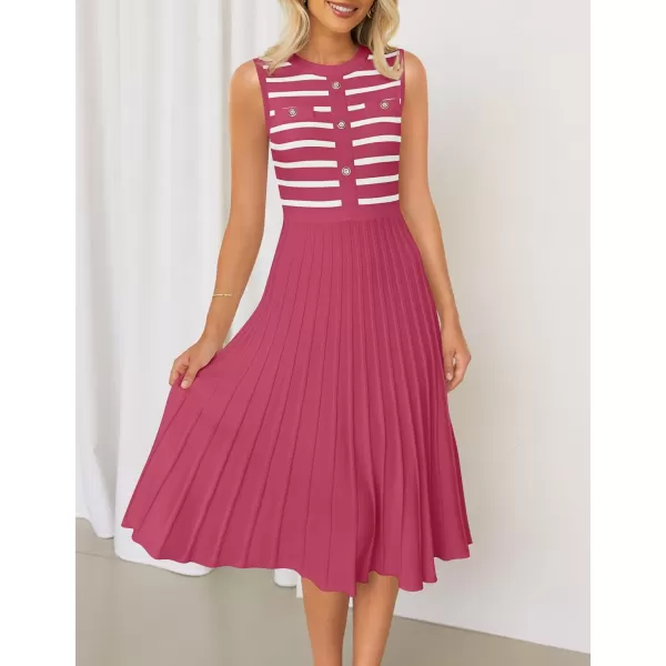 imageZESICA Womens Sleeveless Striped Midi Dress Summer Crewneck Button Knit Swing Pleated A Line Casual DressesRed