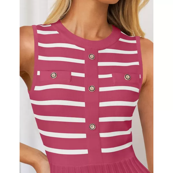imageZESICA Womens Sleeveless Striped Midi Dress Summer Crewneck Button Knit Swing Pleated A Line Casual DressesRed
