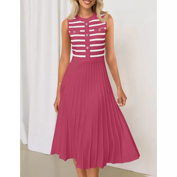 imageZESICA Womens Sleeveless Striped Midi Dress Summer Crewneck Button Knit Swing Pleated A Line Casual DressesRed