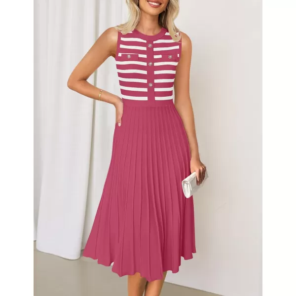 imageZESICA Womens Sleeveless Striped Midi Dress Summer Crewneck Button Knit Swing Pleated A Line Casual DressesRed