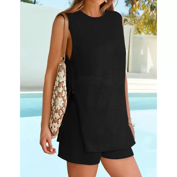 imageZESICA Womens Summer Two Piece Sweater Lounge Sets 2024 Casual Knit Trendy Tunic and Shorts OutfitsBlack