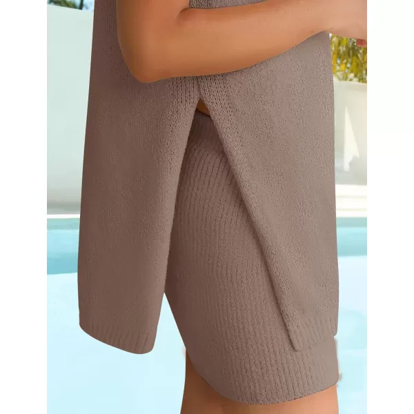 imageZESICA Womens Summer Two Piece Sweater Lounge Sets 2024 Casual Knit Trendy Tunic and Shorts OutfitsCamel