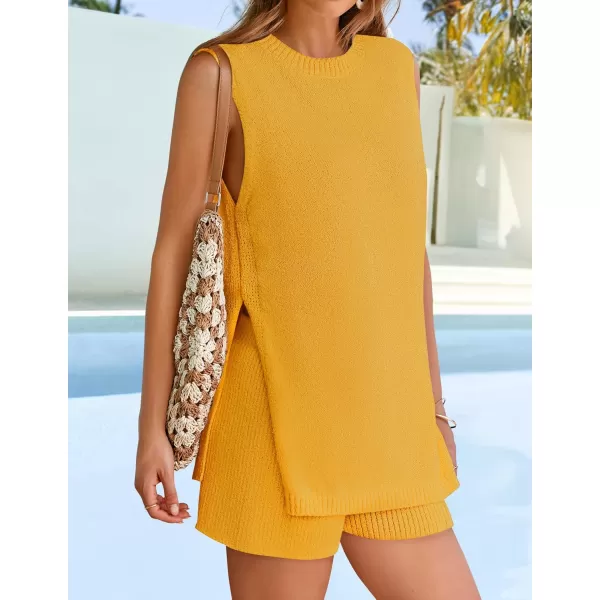 imageZESICA Womens Summer Two Piece Sweater Lounge Sets 2024 Casual Knit Trendy Tunic and Shorts OutfitsMustardyellow
