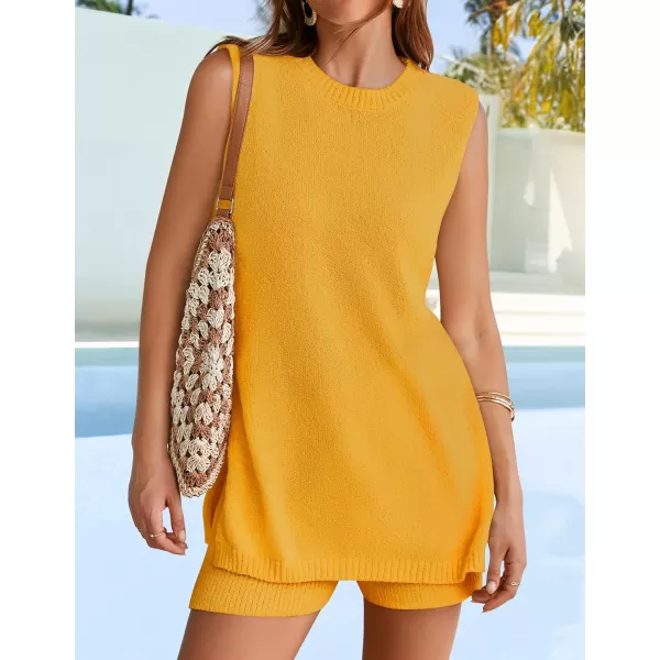 imageZESICA Womens Summer Two Piece Sweater Lounge Sets 2024 Casual Knit Trendy Tunic and Shorts OutfitsMustardyellow