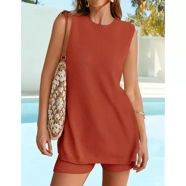 imageZESICA Womens Summer Two Piece Sweater Lounge Sets 2024 Casual Knit Trendy Tunic and Shorts OutfitsOrange