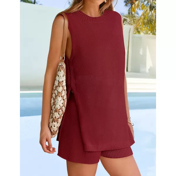 imageZESICA Womens Summer Two Piece Sweater Lounge Sets 2024 Casual Knit Trendy Tunic and Shorts OutfitsWine