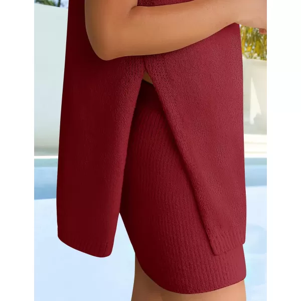 imageZESICA Womens Summer Two Piece Sweater Lounge Sets 2024 Casual Knit Trendy Tunic and Shorts OutfitsWine
