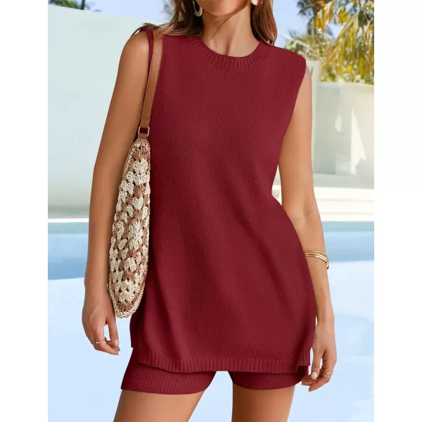 imageZESICA Womens Summer Two Piece Sweater Lounge Sets 2024 Casual Knit Trendy Tunic and Shorts OutfitsWine