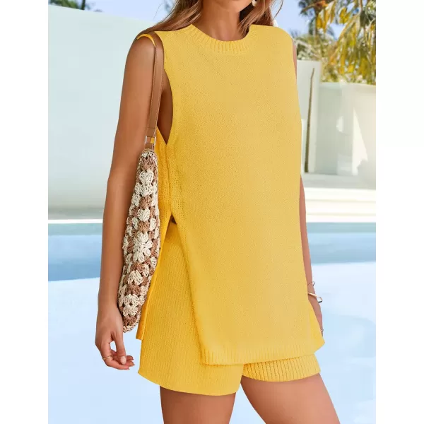 imageZESICA Womens Summer Two Piece Sweater Lounge Sets 2024 Casual Knit Trendy Tunic and Shorts OutfitsYellow