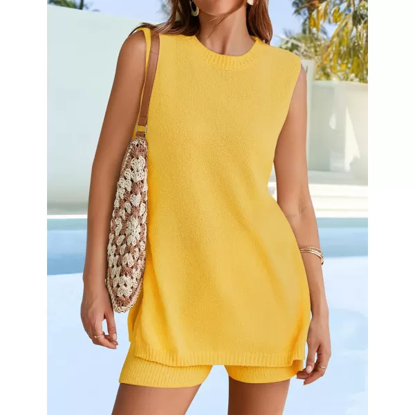 imageZESICA Womens Summer Two Piece Sweater Lounge Sets 2024 Casual Knit Trendy Tunic and Shorts OutfitsYellow