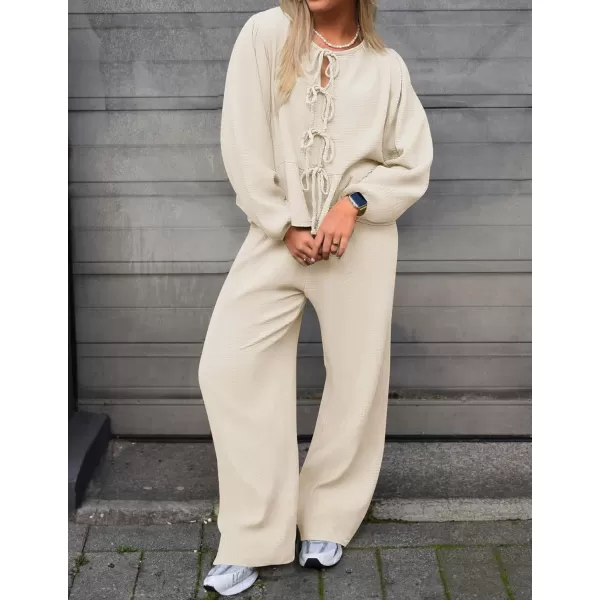 imageZESICA Womens Two Piece Outfits Set 2024 Long Sleeve Tie Front Top and Wide Leg Pants Casual Loungewear Pajama SetsApricot