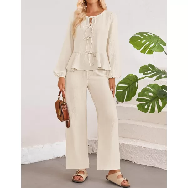 imageZESICA Womens Two Piece Outfits Set 2024 Long Sleeve Tie Front Top and Wide Leg Pants Casual Loungewear Pajama SetsApricot