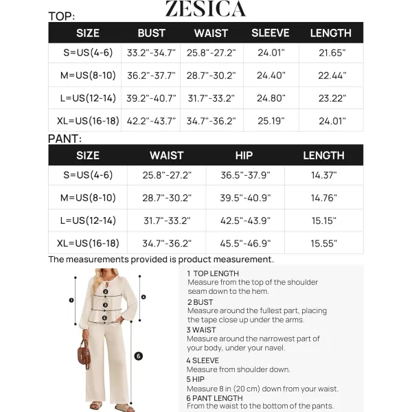 imageZESICA Womens Two Piece Outfits Set 2024 Long Sleeve Tie Front Top and Wide Leg Pants Casual Loungewear Pajama SetsApricot