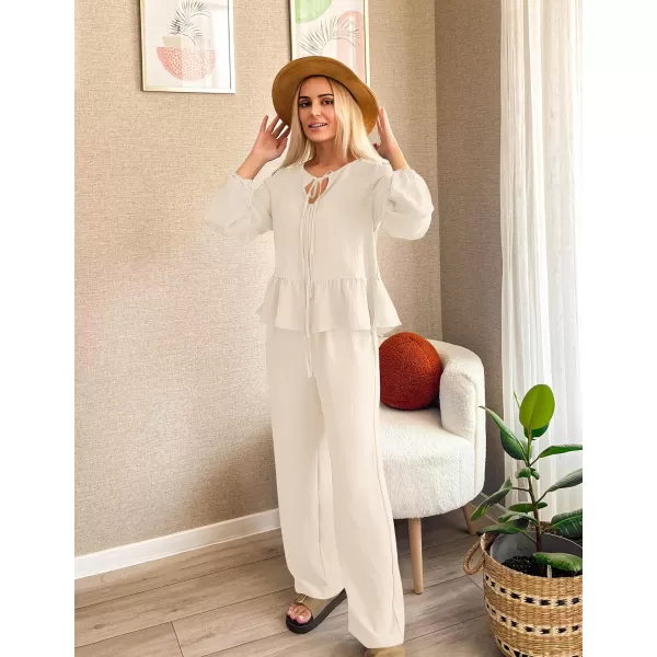 imageZESICA Womens Two Piece Outfits Set 2024 Long Sleeve Tie Front Top and Wide Leg Pants Casual Loungewear Pajama SetsApricot