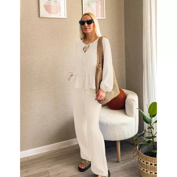 imageZESICA Womens Two Piece Outfits Set 2024 Long Sleeve Tie Front Top and Wide Leg Pants Casual Loungewear Pajama SetsApricot