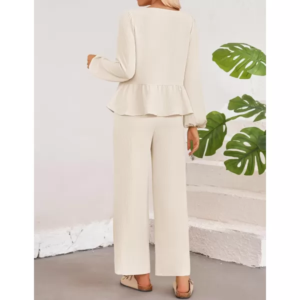 imageZESICA Womens Two Piece Outfits Set 2024 Long Sleeve Tie Front Top and Wide Leg Pants Casual Loungewear Pajama SetsApricot