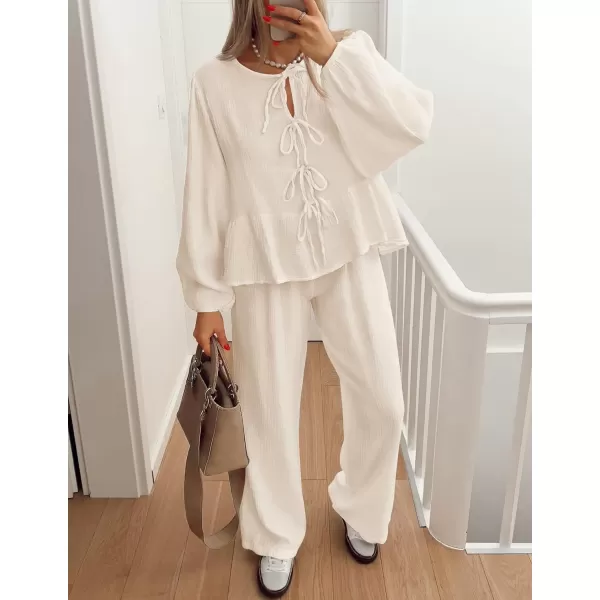 imageZESICA Womens Two Piece Outfits Set 2024 Long Sleeve Tie Front Top and Wide Leg Pants Casual Loungewear Pajama SetsApricot