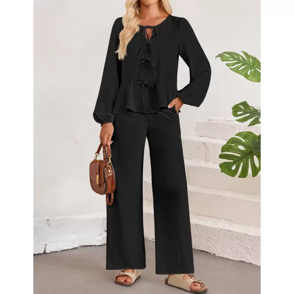 imageZESICA Womens Two Piece Outfits Set 2024 Long Sleeve Tie Front Top and Wide Leg Pants Casual Loungewear Pajama SetsBlack