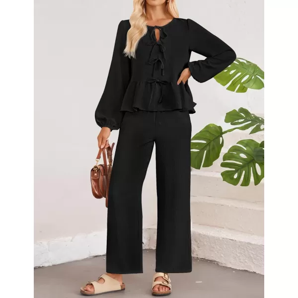 imageZESICA Womens Two Piece Outfits Set 2024 Long Sleeve Tie Front Top and Wide Leg Pants Casual Loungewear Pajama SetsBlack