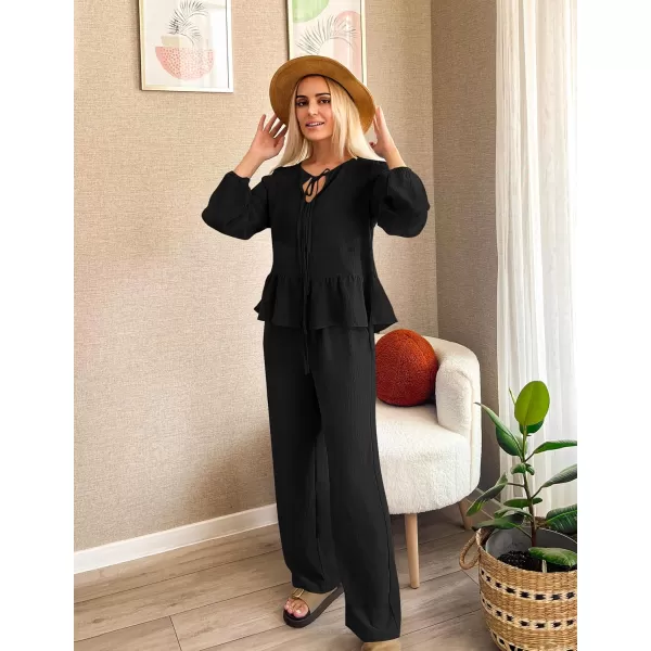imageZESICA Womens Two Piece Outfits Set 2024 Long Sleeve Tie Front Top and Wide Leg Pants Casual Loungewear Pajama SetsBlack