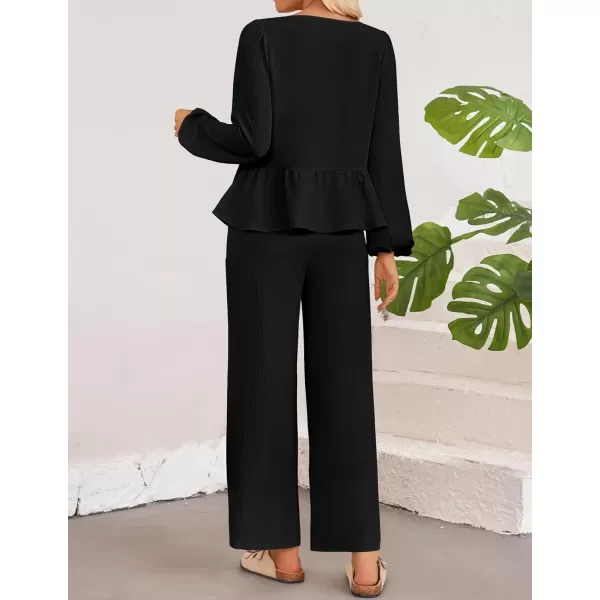 imageZESICA Womens Two Piece Outfits Set 2024 Long Sleeve Tie Front Top and Wide Leg Pants Casual Loungewear Pajama SetsBlack