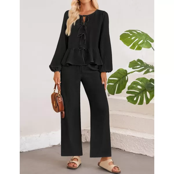 imageZESICA Womens Two Piece Outfits Set 2024 Long Sleeve Tie Front Top and Wide Leg Pants Casual Loungewear Pajama SetsBlack