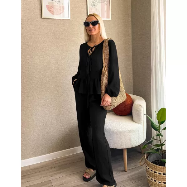 imageZESICA Womens Two Piece Outfits Set 2024 Long Sleeve Tie Front Top and Wide Leg Pants Casual Loungewear Pajama SetsBlack