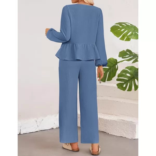 imageZESICA Womens Two Piece Outfits Set 2024 Long Sleeve Tie Front Top and Wide Leg Pants Casual Loungewear Pajama SetsDusty Blue