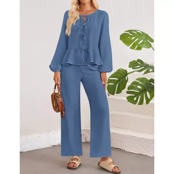 imageZESICA Womens Two Piece Outfits Set 2024 Long Sleeve Tie Front Top and Wide Leg Pants Casual Loungewear Pajama SetsDusty Blue