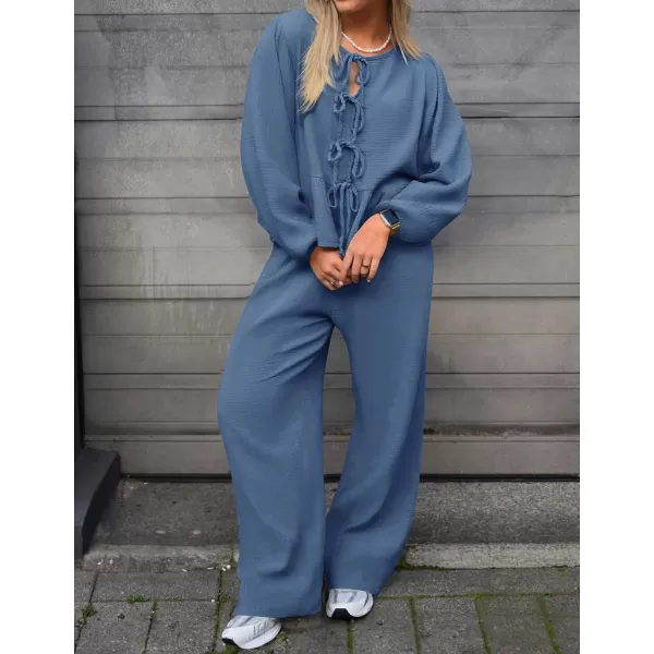 imageZESICA Womens Two Piece Outfits Set 2024 Long Sleeve Tie Front Top and Wide Leg Pants Casual Loungewear Pajama SetsDusty Blue