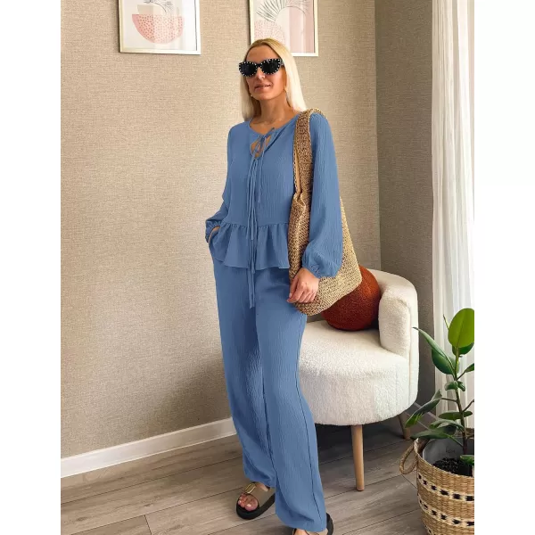 imageZESICA Womens Two Piece Outfits Set 2024 Long Sleeve Tie Front Top and Wide Leg Pants Casual Loungewear Pajama SetsDusty Blue