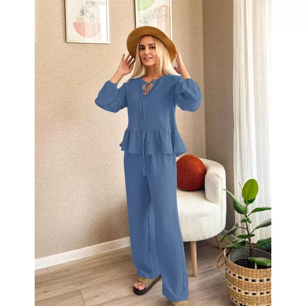 imageZESICA Womens Two Piece Outfits Set 2024 Long Sleeve Tie Front Top and Wide Leg Pants Casual Loungewear Pajama SetsDusty Blue