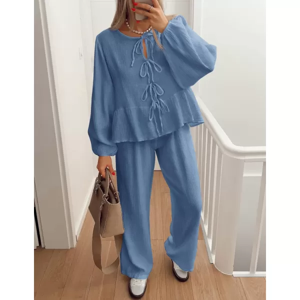 imageZESICA Womens Two Piece Outfits Set 2024 Long Sleeve Tie Front Top and Wide Leg Pants Casual Loungewear Pajama SetsDusty Blue