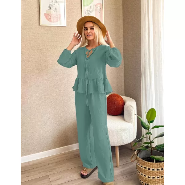 imageZESICA Womens Two Piece Outfits Set 2024 Long Sleeve Tie Front Top and Wide Leg Pants Casual Loungewear Pajama SetsGreen