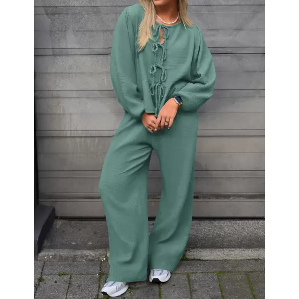 imageZESICA Womens Two Piece Outfits Set 2024 Long Sleeve Tie Front Top and Wide Leg Pants Casual Loungewear Pajama SetsGreen