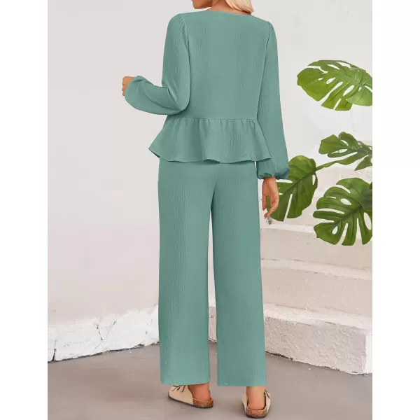 imageZESICA Womens Two Piece Outfits Set 2024 Long Sleeve Tie Front Top and Wide Leg Pants Casual Loungewear Pajama SetsGreen