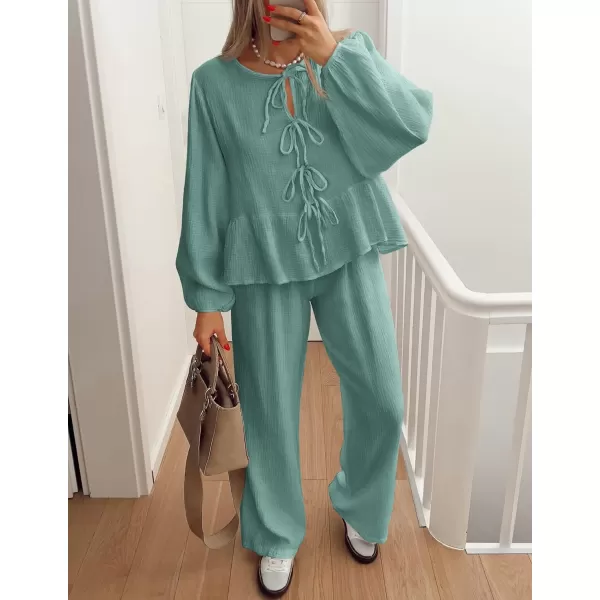 imageZESICA Womens Two Piece Outfits Set 2024 Long Sleeve Tie Front Top and Wide Leg Pants Casual Loungewear Pajama SetsGreen