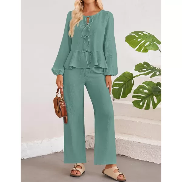 imageZESICA Womens Two Piece Outfits Set 2024 Long Sleeve Tie Front Top and Wide Leg Pants Casual Loungewear Pajama SetsGreen