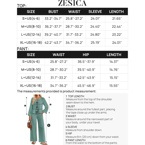 imageZESICA Womens Two Piece Outfits Set 2024 Long Sleeve Tie Front Top and Wide Leg Pants Casual Loungewear Pajama SetsGreen