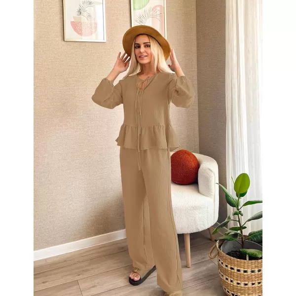 imageZESICA Womens Two Piece Outfits Set 2024 Long Sleeve Tie Front Top and Wide Leg Pants Casual Loungewear Pajama SetsKhaki