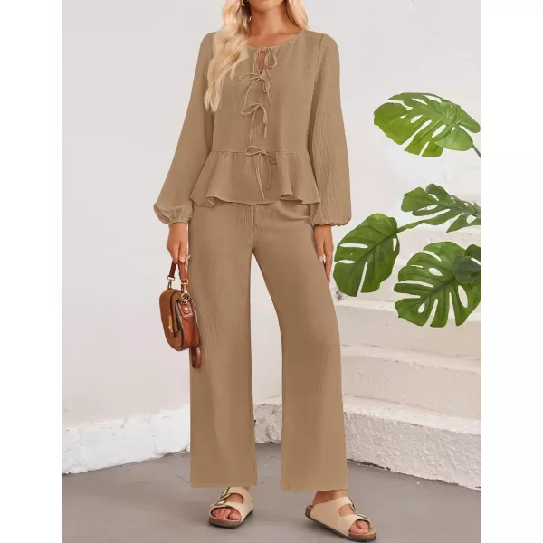 imageZESICA Womens Two Piece Outfits Set 2024 Long Sleeve Tie Front Top and Wide Leg Pants Casual Loungewear Pajama SetsKhaki