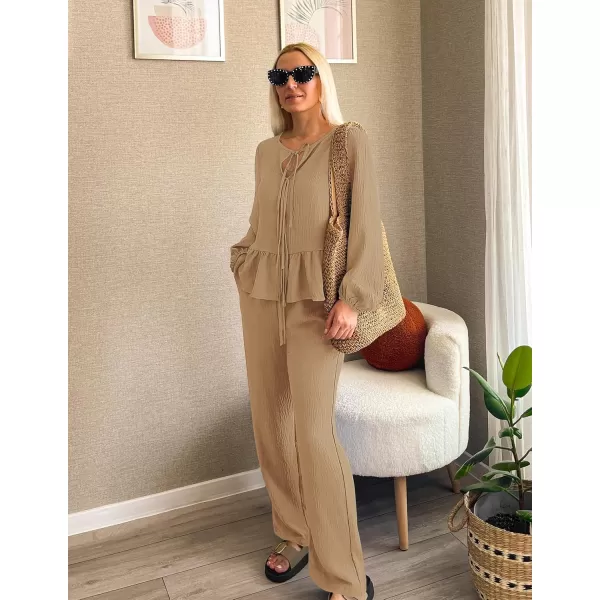 imageZESICA Womens Two Piece Outfits Set 2024 Long Sleeve Tie Front Top and Wide Leg Pants Casual Loungewear Pajama SetsKhaki