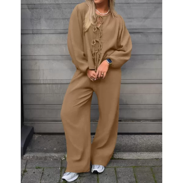 imageZESICA Womens Two Piece Outfits Set 2024 Long Sleeve Tie Front Top and Wide Leg Pants Casual Loungewear Pajama SetsKhaki