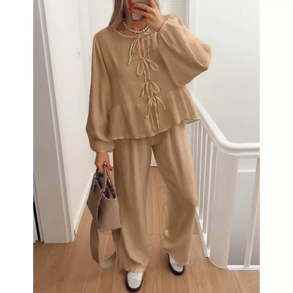imageZESICA Womens Two Piece Outfits Set 2024 Long Sleeve Tie Front Top and Wide Leg Pants Casual Loungewear Pajama SetsKhaki