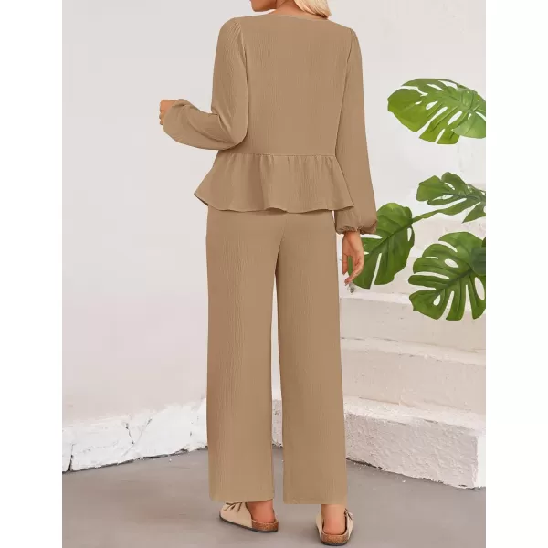 imageZESICA Womens Two Piece Outfits Set 2024 Long Sleeve Tie Front Top and Wide Leg Pants Casual Loungewear Pajama SetsKhaki